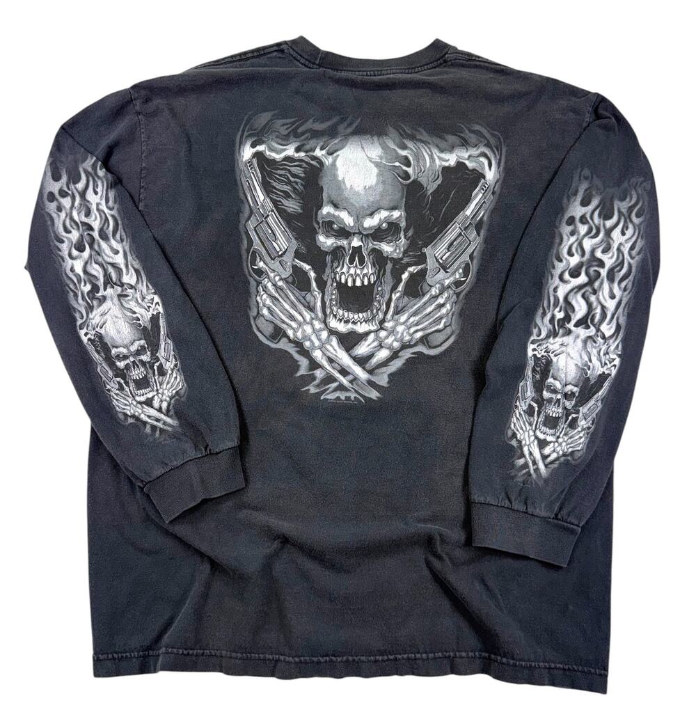 Vintage Skeleton Outlaw Flame Sleeve T-Shirt Men's XL Long Sleeve Guns Grunge